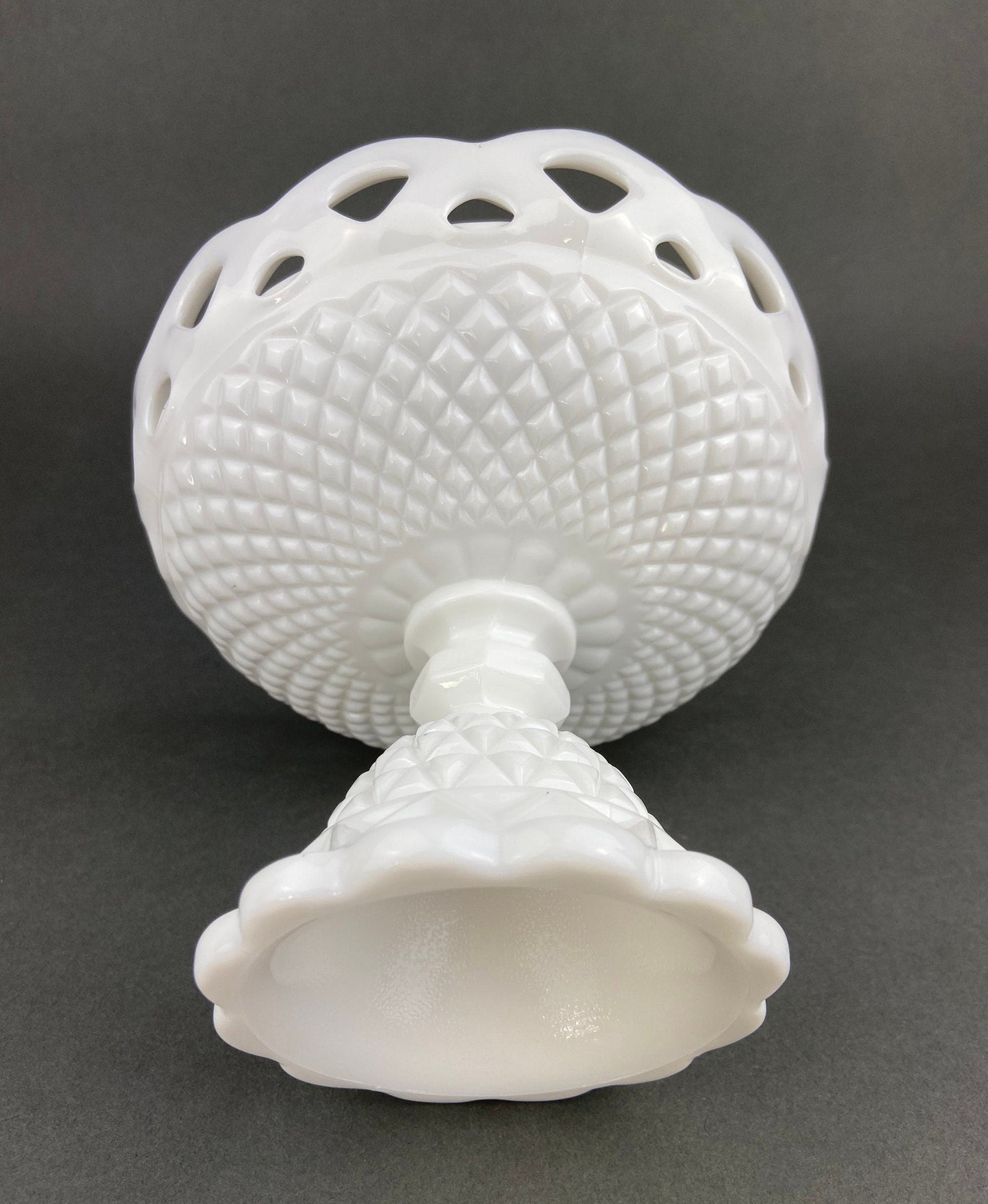 Vintage Milk Glass Footed Compote Bowl | Waffle Pattern Candy Dish with Scalloped Edge