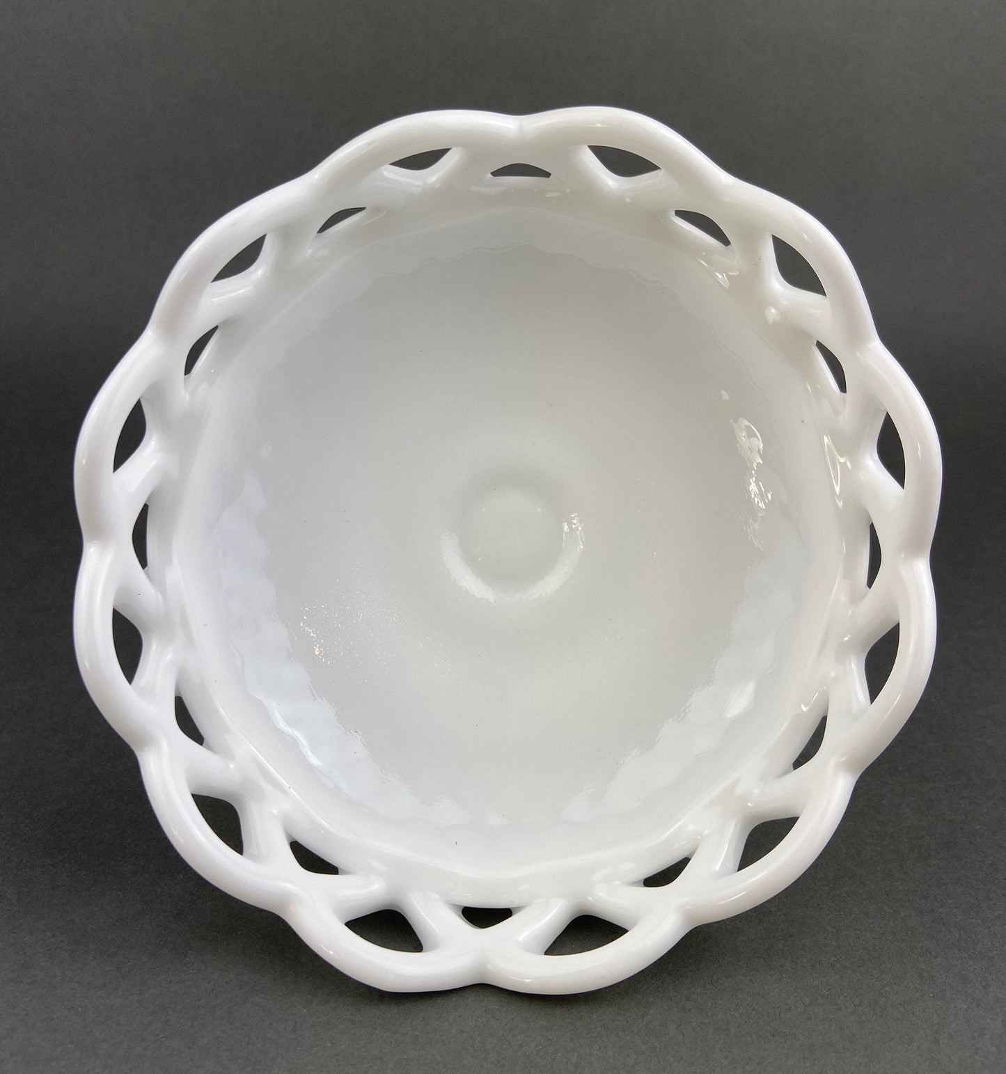 Vintage Milk Glass Footed Compote Bowl | Waffle Pattern Candy Dish with Scalloped Edge