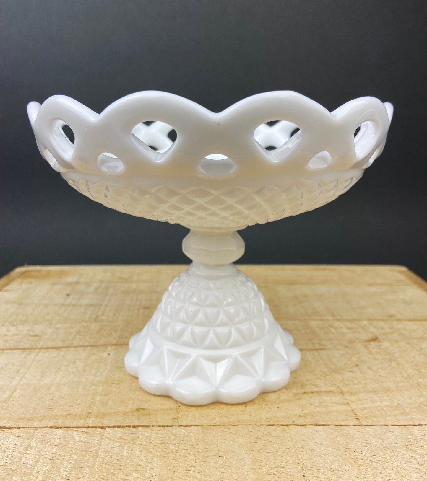 Vintage Milk Glass Footed Compote Bowl | Waffle Pattern Candy Dish with Scalloped Edge