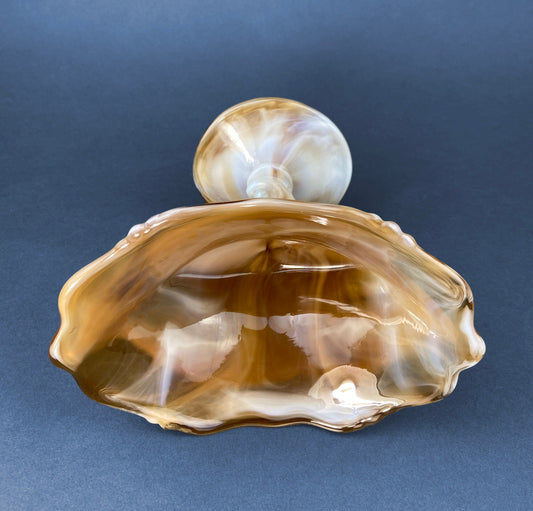 Vintage Slag Glass Footed Compote Bowl | Brown & White Marbled Oval Candy Dish | Floral Pedestal Trinket Bowl