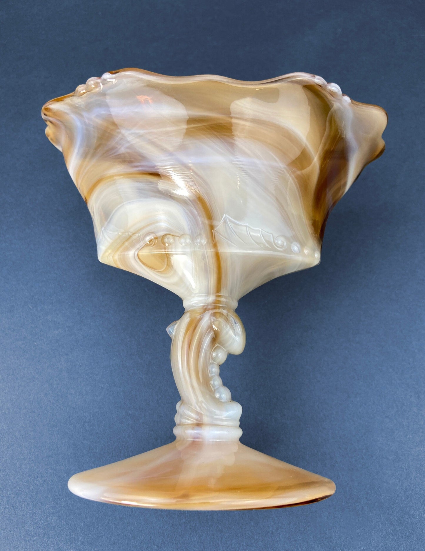 Vintage Slag Glass Footed Compote Bowl | Brown & White Marbled Oval Candy Dish | Floral Pedestal Trinket Bowl