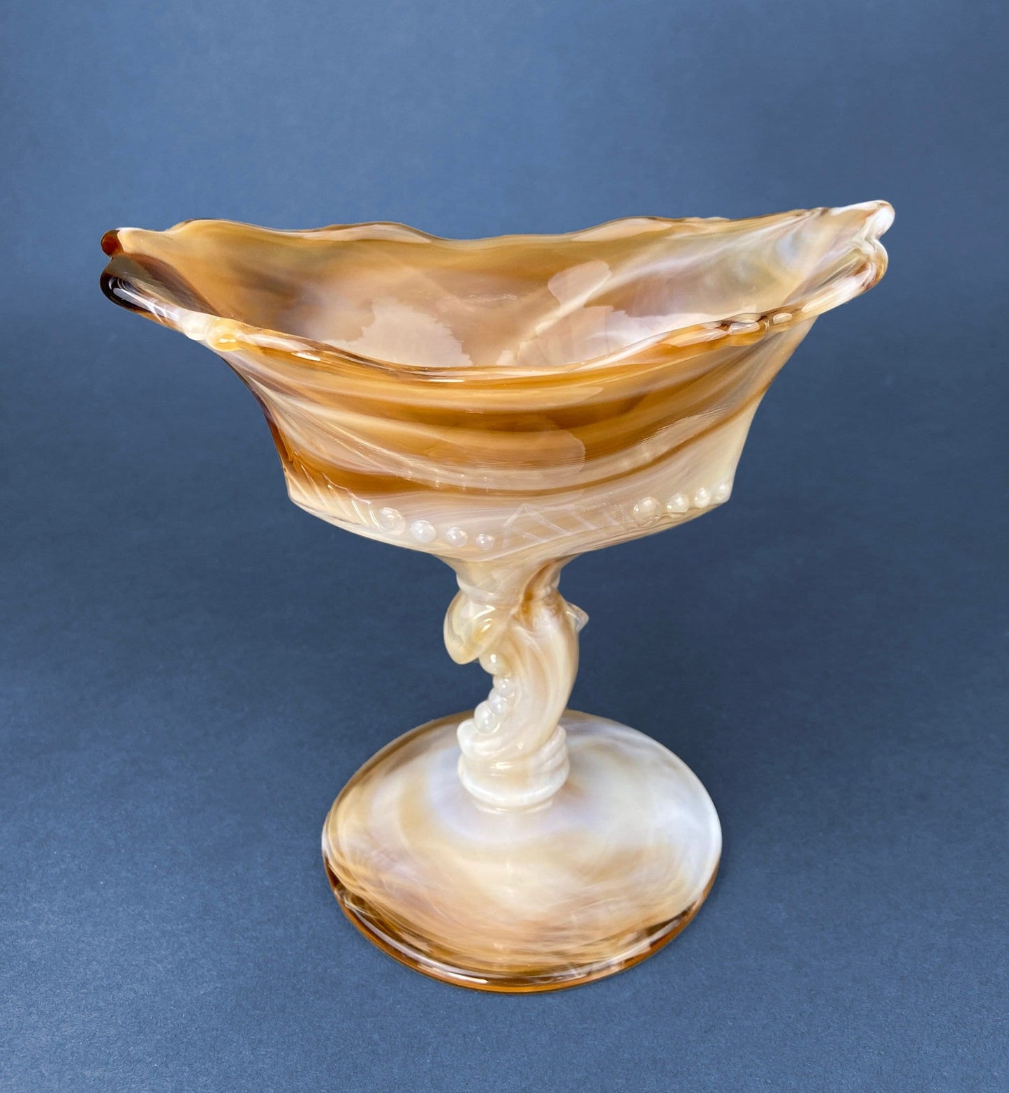 Vintage Slag Glass Footed Compote Bowl | Brown & White Marbled Oval Candy Dish | Floral Pedestal Trinket Bowl