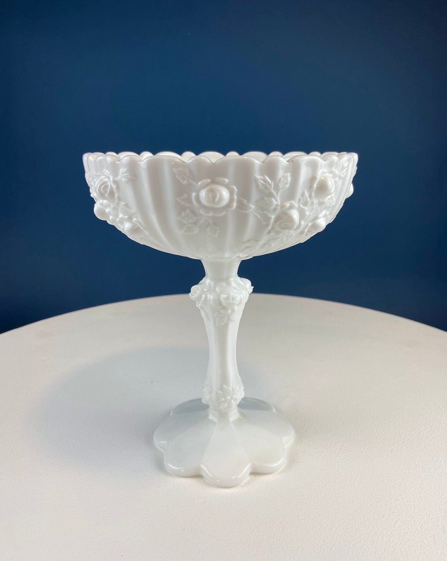 Vintage Milk Glass Floral Footed Compote Bowl | White Pedestal Serving Dish with Raised Roses
