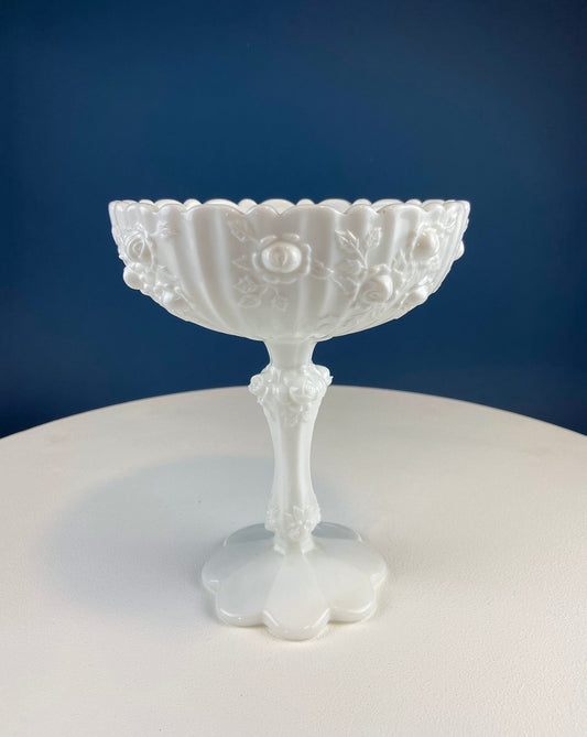 Vintage Milk Glass Floral Footed Compote Bowl | White Pedestal Serving Dish with Raised Roses