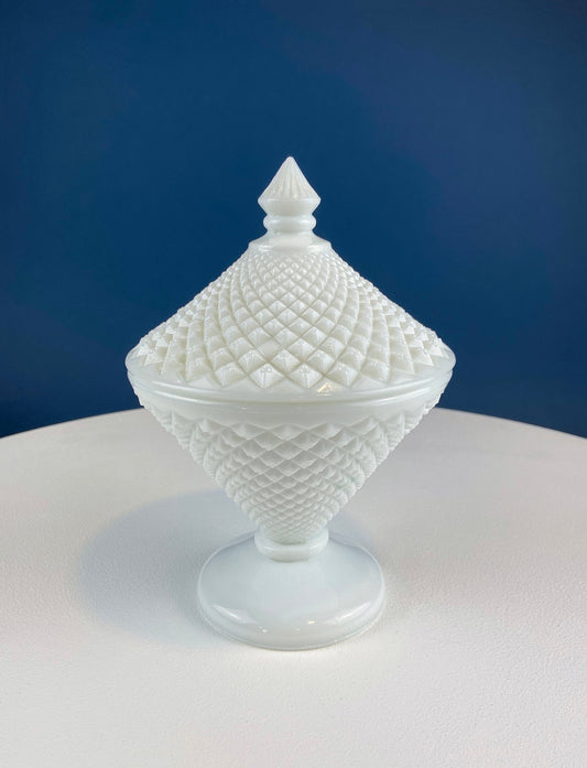Vintage Milk Glass Covered Candy Dish | Diamond Pattern Footed Compote with Lid
