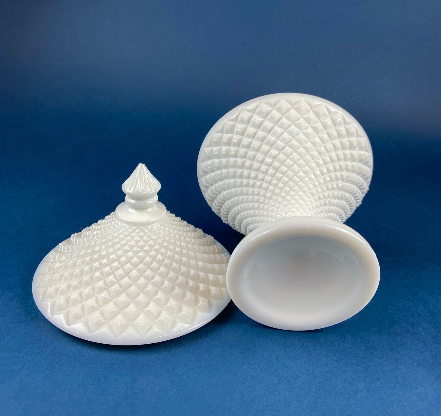 Vintage Milk Glass Covered Candy Dish | Diamond Pattern Footed Compote with Lid