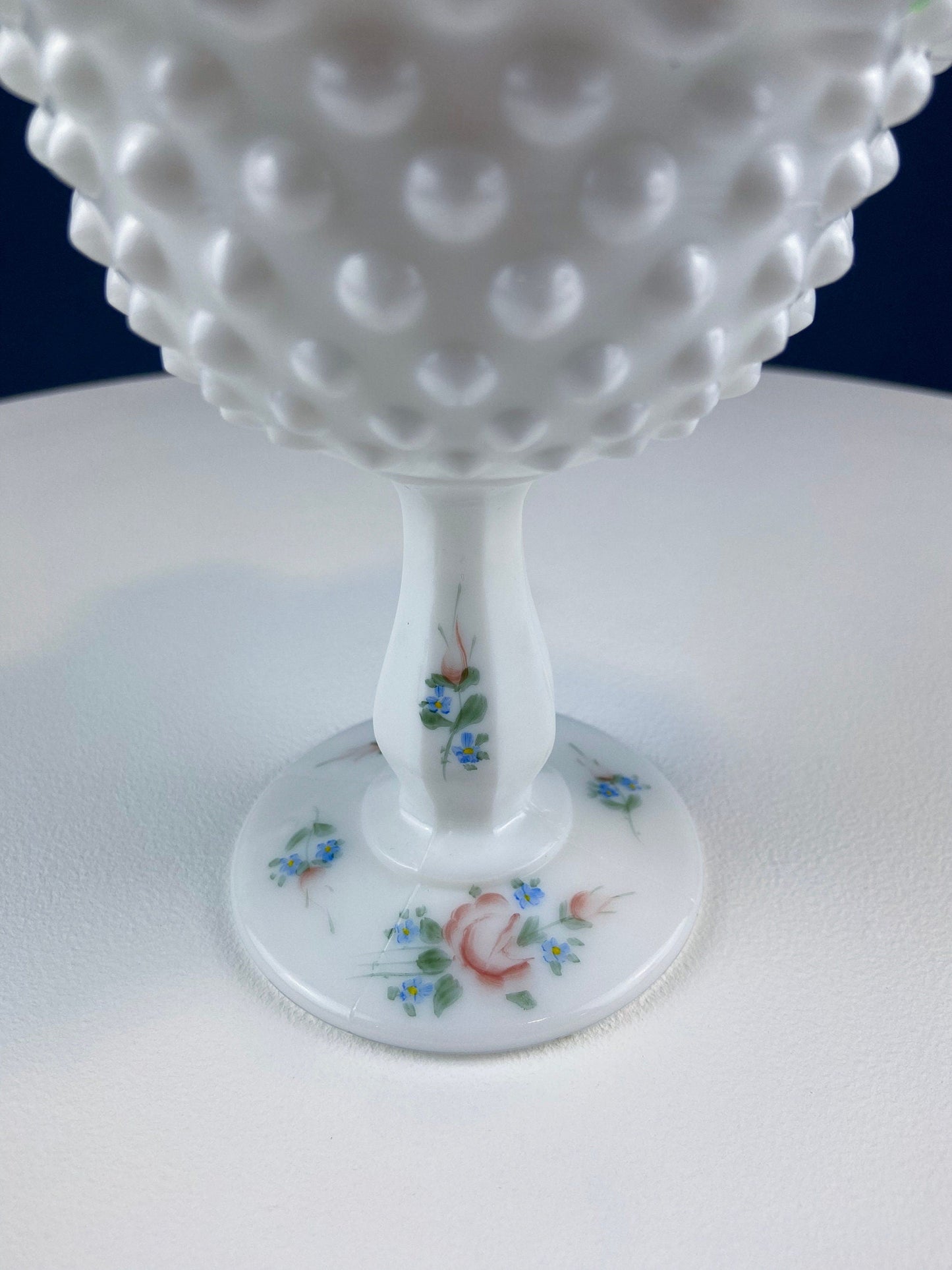 Fenton Hand-Painted Milk Glass Hobnail Compote | Signed Janet Chapman | White Footed Bowl with Ruffled Rim & Pastel Flowers