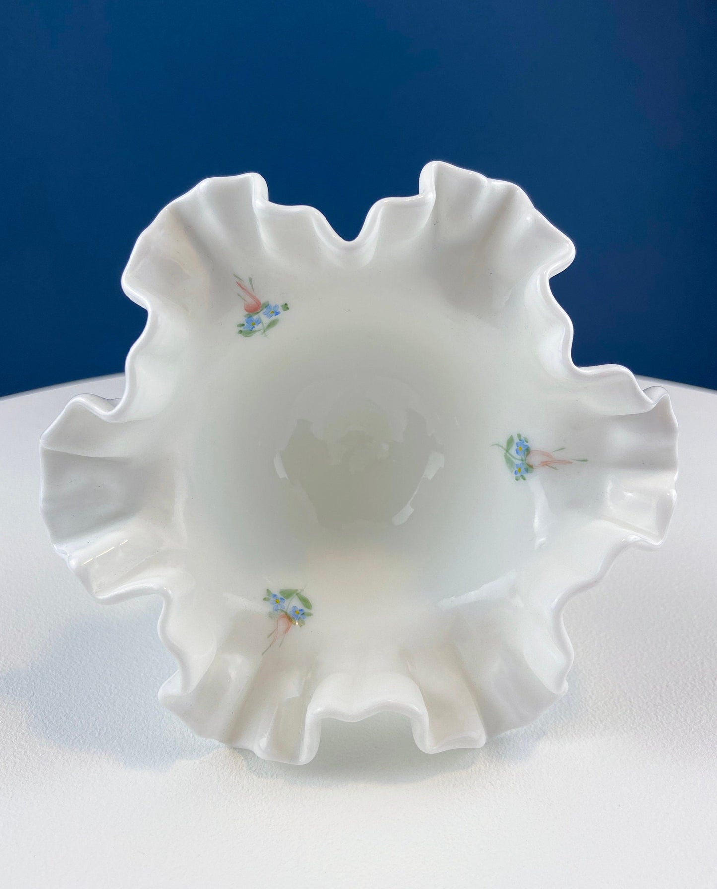 Fenton Hand-Painted Milk Glass Hobnail Compote | Signed Janet Chapman | White Footed Bowl with Ruffled Rim & Pastel Flowers