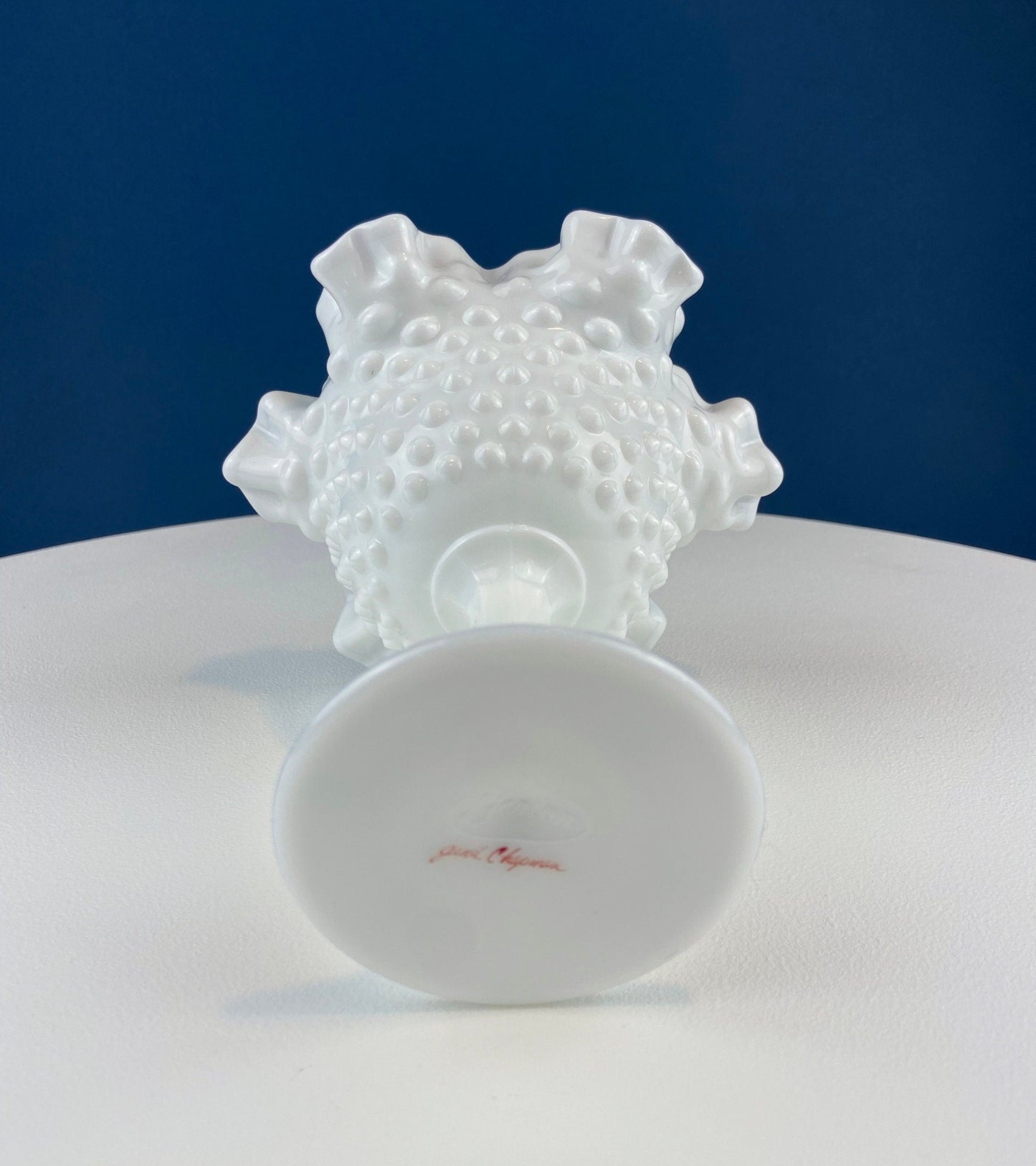 Fenton Hand-Painted Milk Glass Hobnail Compote | Signed Janet Chapman | White Footed Bowl with Ruffled Rim & Pastel Flowers