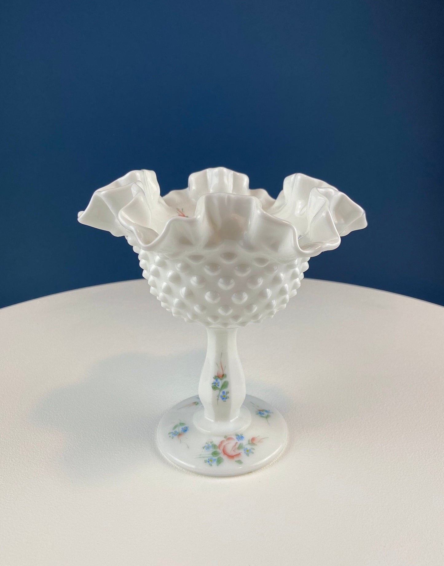 Fenton Hand-Painted Milk Glass Hobnail Compote | Signed Janet Chapman | White Footed Bowl with Ruffled Rim & Pastel Flowers