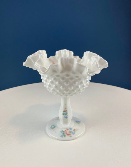 Fenton Hand-Painted Milk Glass Hobnail Compote | Signed Janet Chapman | White Footed Bowl with Ruffled Rim & Pastel Flowers