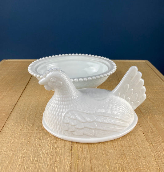 Vintage Milk Glass Hen on Nest Bowl, Farmhouse Kitchen Decor