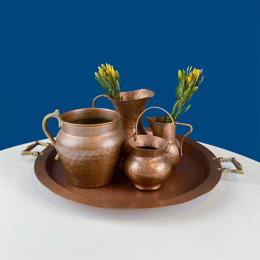 Collection of Vintage Copper Vases & Tray with Brass Handles