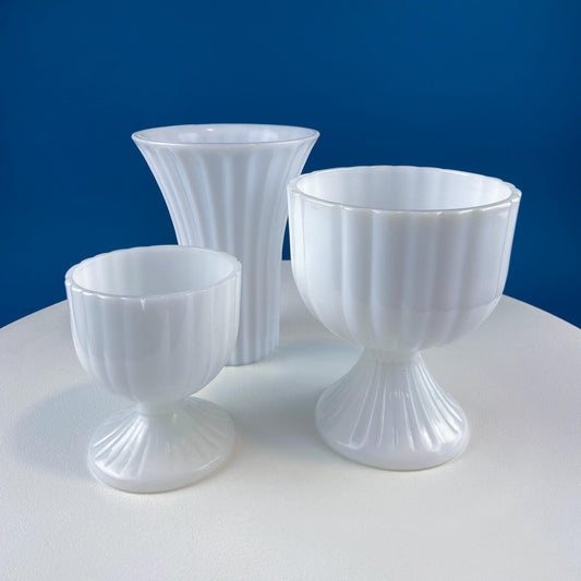 Collection of 3 Vintage Milk Glass Fluted Vases or Planters
