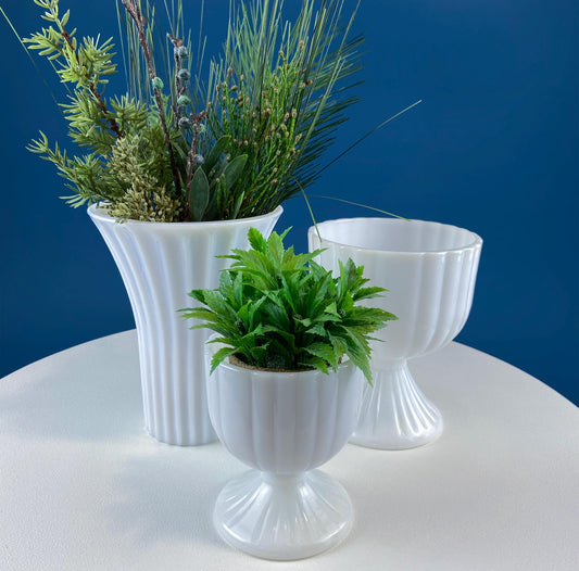 Collection of 3 Vintage Milk Glass Fluted Vases or Planters
