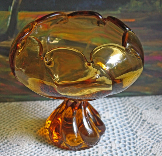 Vintage Amber Glass Footed Compote Bowl | Scalloped Pinched Rim Candy Dish | Pedestal Serving Bowl