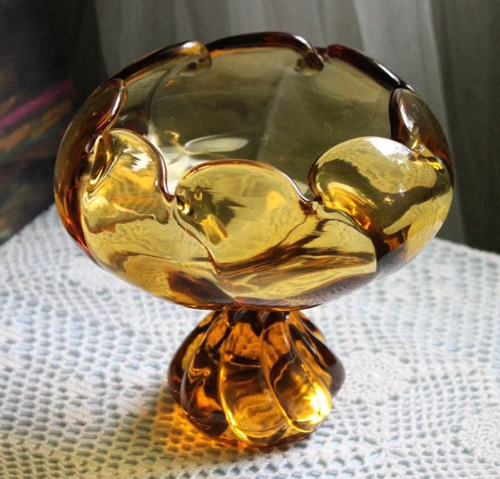 Vintage Amber Glass Footed Compote Bowl | Scalloped Pinched Rim Candy Dish | Pedestal Serving Bowl
